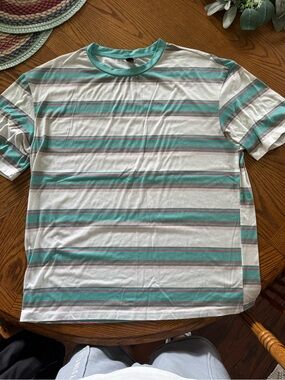 SHEIN Teal, White and Pink Stripe Short Sleeve Tee